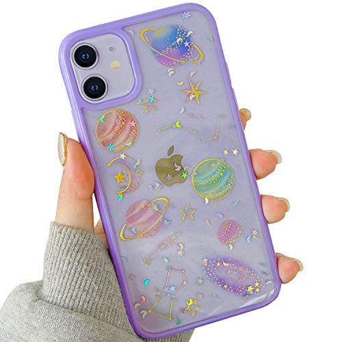 BOFTALE Compatible with iPhone 12 Mini Case Cute Clear Glitter for Girls Women, Handmade Planets/Stars Bling Sparkle Design Slim Soft TPU Cover Compatible with iPhone 12 Mini 5.4 inch 5G 2020(Purple)