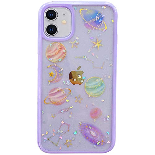 BOFTALE Compatible with iPhone 12 Mini Case Cute Clear Glitter for Girls Women, Handmade Planets/Stars Bling Sparkle Design Slim Soft TPU Cover Compatible with iPhone 12 Mini 5.4 inch 5G 2020(Purple)