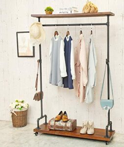 dofurnilim industrial pipe clothing racks, rolling garment racks, hall tree on lockable wheels with shelves and shoes storage, heavy duty clothes rack (two tiers garment rack)