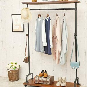 DOFURNILIM Industrial Pipe Clothing Racks, Rolling Garment Racks, Hall Tree on Lockable Wheels with Shelves and Shoes Storage, Heavy Duty Clothes Rack (two tiers garment rack)