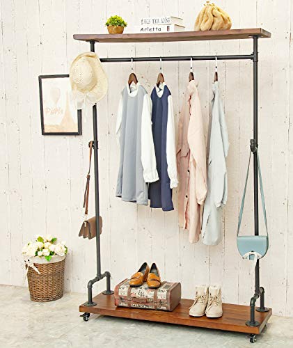 DOFURNILIM Industrial Pipe Clothing Racks, Rolling Garment Racks, Hall Tree on Lockable Wheels with Shelves and Shoes Storage, Heavy Duty Clothes Rack (two tiers garment rack)