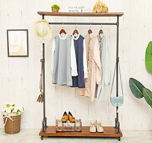 DOFURNILIM Industrial Pipe Clothing Racks, Rolling Garment Racks, Hall Tree on Lockable Wheels with Shelves and Shoes Storage, Heavy Duty Clothes Rack (two tiers garment rack)