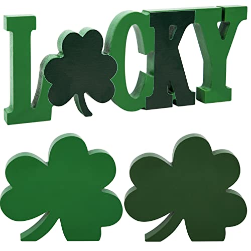 St. Patrick's Day Decorations Clover Lucky Table Sign - 3pcs Wooden Shamrock Letter Table Centerpiece Green Freestanding Home Office Tabletop Decor for Irish-Themed Party