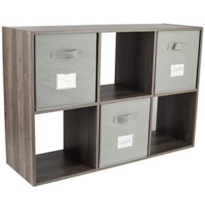 TQVAI 6 Cube Storage Organizer, Wood Storage Cubes Shelf with Fabric Storage Bin, Retro Grey