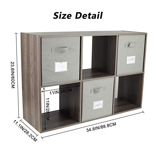 TQVAI 6 Cube Storage Organizer, Wood Storage Cubes Shelf with Fabric Storage Bin, Retro Grey