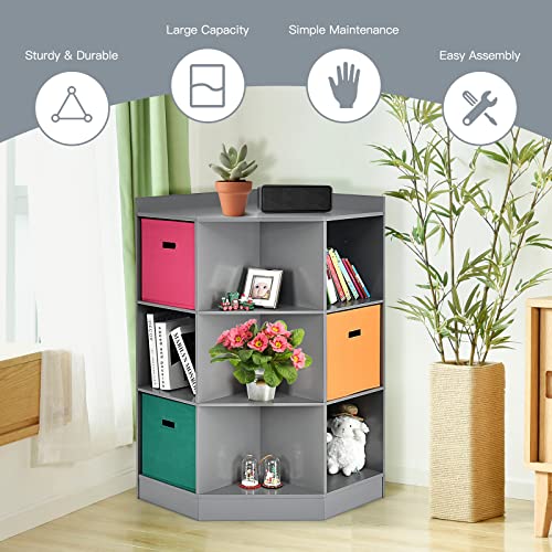 Costzon 9-Cubby Kids Bookcase with Extra Large Storage Baskets, Multi-Bin Children's Organizer Shelf with 6 Cubes and 3 Shelves, Wooden Storage Sideboard Suitable for Playroom, Decor Room (Gray)