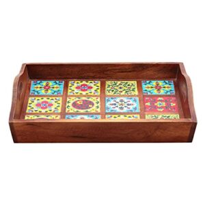 countryside decorative wooden serving tray with ceramic tiles - indian vintage handmade large ottoman tray boho decor - 15 x 11.5 x 2.25 inches