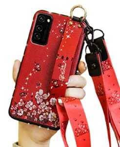 aulzaju for s21 ultra case luxury bling diamond cute flower design with ring kickstand soft tpu crossbody lanyard phone cover with strap for girls women for samsung galaxy s21 ultra (red)