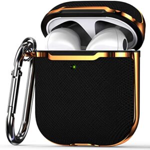 kiq canvas for airpods case cover textured soft protective cover w/keychain for women men for apple airpods 2nd generation case airpod case 1st generation air pod gold trim – black