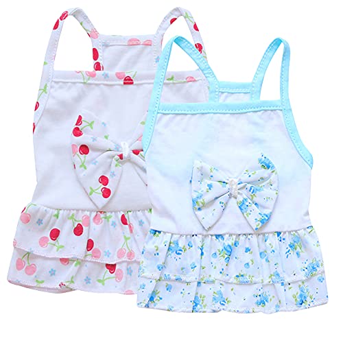 Pack of 2 Summer Pet Dress - Cute Bow Princess Dress Cherry & Flower Printed Puppy Dresses Dog Dress for Small Dogs Cats (XS)