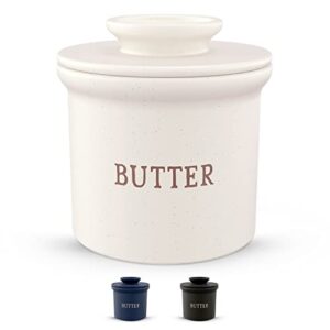 kook butter keeper dish, french ceramic crock with lid, embossed container, for soft butter (oatmeal)