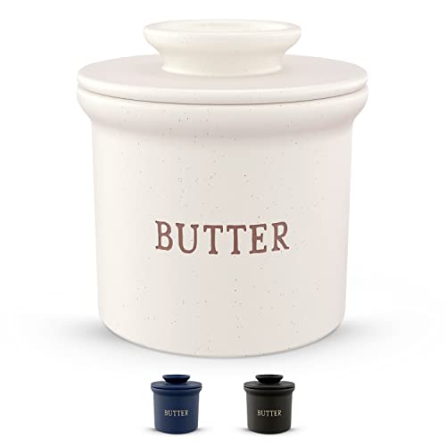 Kook Butter Keeper Dish, French Ceramic Crock with Lid, Embossed Container, For Soft Butter (Oatmeal)