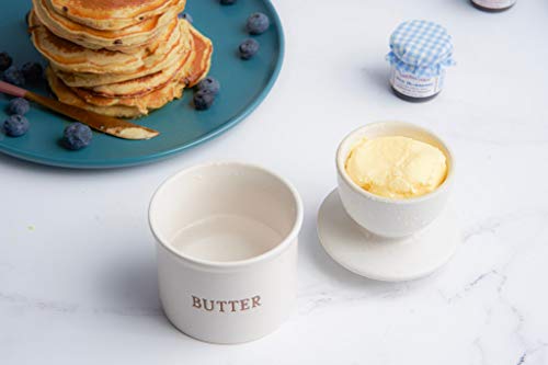 Kook Butter Keeper Dish, French Ceramic Crock with Lid, Embossed Container, For Soft Butter (Oatmeal)