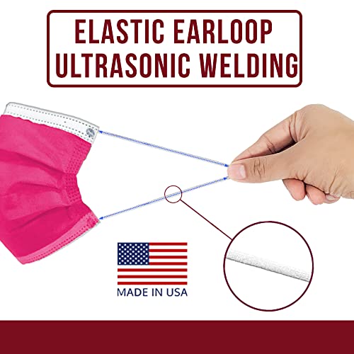 4-Ply Breathable Disposable Face Mask - Made in USA - Comfortable Elastic Ear Loop Multiple Colors (10, Hot Pink)