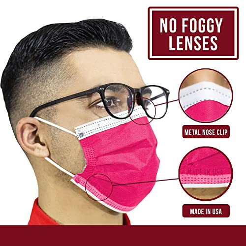 4-Ply Breathable Disposable Face Mask - Made in USA - Comfortable Elastic Ear Loop Multiple Colors (10, Hot Pink)