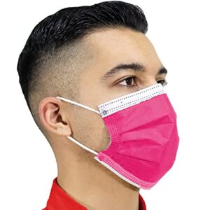 4-Ply Breathable Disposable Face Mask - Made in USA - Comfortable Elastic Ear Loop Multiple Colors (10, Hot Pink)