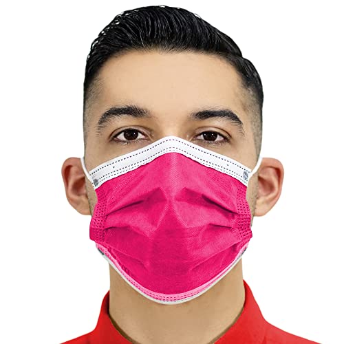 4-Ply Breathable Disposable Face Mask - Made in USA - Comfortable Elastic Ear Loop Multiple Colors (10, Hot Pink)