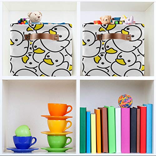 KLL Storage Bins Large Foldable Rubber White Ducky Storage Basket with Leather Handles for Home Office Closet or Shelves