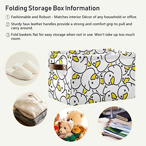 KLL Storage Bins Large Foldable Rubber White Ducky Storage Basket with Leather Handles for Home Office Closet or Shelves