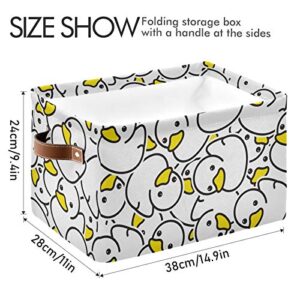 KLL Storage Bins Large Foldable Rubber White Ducky Storage Basket with Leather Handles for Home Office Closet or Shelves