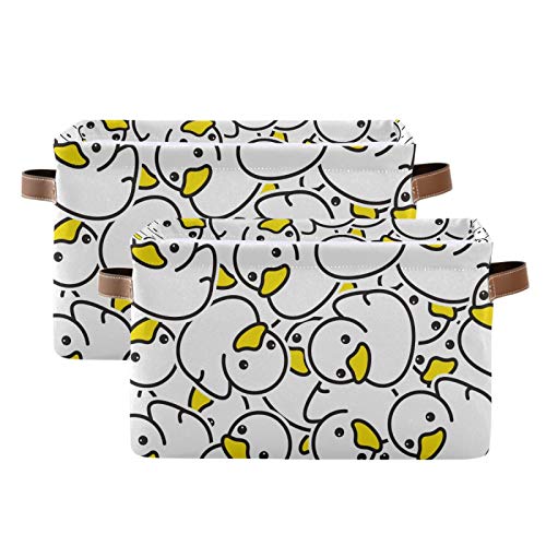 KLL Storage Bins Large Foldable Rubber White Ducky Storage Basket with Leather Handles for Home Office Closet or Shelves