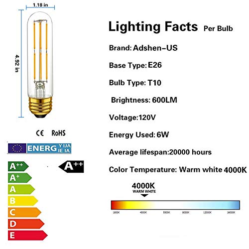 Adshen-US Dimmable E26 Edison Bulb 6W Tubular T10 led Bulb,Equal 60 watt Light Bulb,Daylight White 4000K,Edison Filament Light Bulbs for Pendant,Chandeliers,Wall scones, 4-Pack …