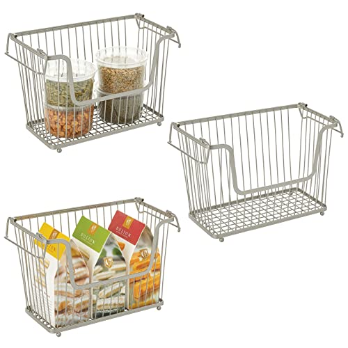 mDesign Wire Basket — Multipurpose Organiser Basket with Adjustable Handles — Stackable Bathroom and Kitchen Storage Solution — Set of 3 — Matte Silver