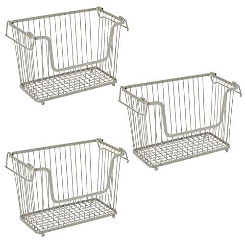 mDesign Wire Basket — Multipurpose Organiser Basket with Adjustable Handles — Stackable Bathroom and Kitchen Storage Solution — Set of 3 — Matte Silver