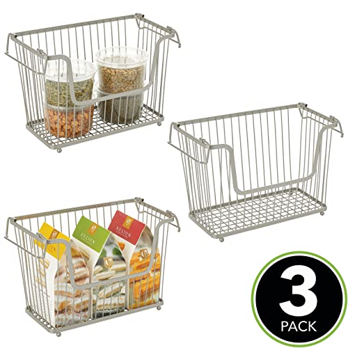 mDesign Wire Basket — Multipurpose Organiser Basket with Adjustable Handles — Stackable Bathroom and Kitchen Storage Solution — Set of 3 — Matte Silver