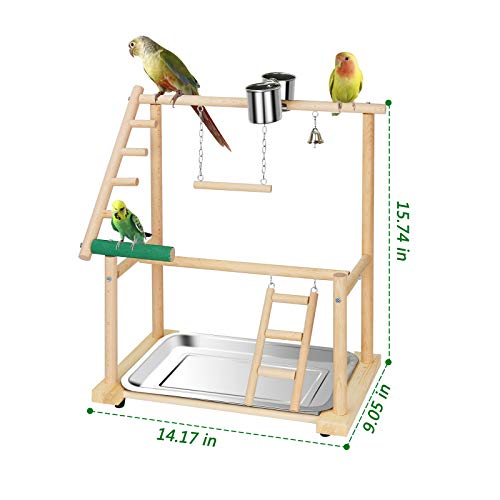 Ozzptuu Bird Playground Natural Wood Small/Medium Parrot Playstand Pet Bird Feeder Perch Stand with Seed Cups Ladder Hanging Swing