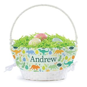 dino pattern personalized easter egg basket with handle and custom name | green easter basket liners | white basket | woven easter baskets for kids | customized easter basket | gift for easter