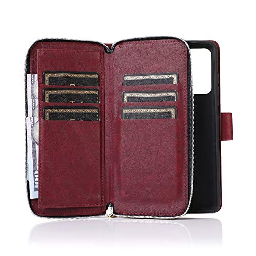 N9 Compatible with Samsung Galaxy S21 Ultra Wallet Case,Leather Zipper Magnetic 9 Card Slots Purse Protection Back Cover Compatible with Samsung Galaxy S21 Ultra(Wine Red)