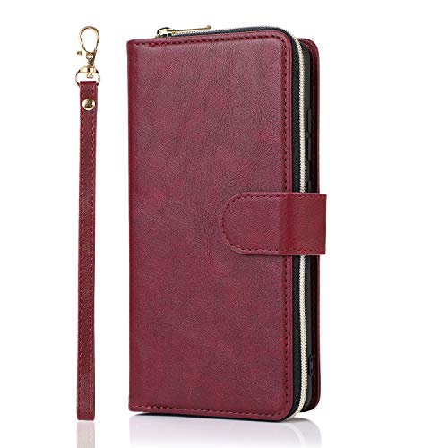 N9 Compatible with Samsung Galaxy S21 Ultra Wallet Case,Leather Zipper Magnetic 9 Card Slots Purse Protection Back Cover Compatible with Samsung Galaxy S21 Ultra(Wine Red)