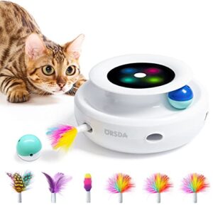 orsda cat toys 2in1 interactive cat toys for indoor cats, timer auto on/off, cat toy balls & ambush feather electronic cat toy, cat entertainment with 6pcs feathers, dual power supplies cat mice toy