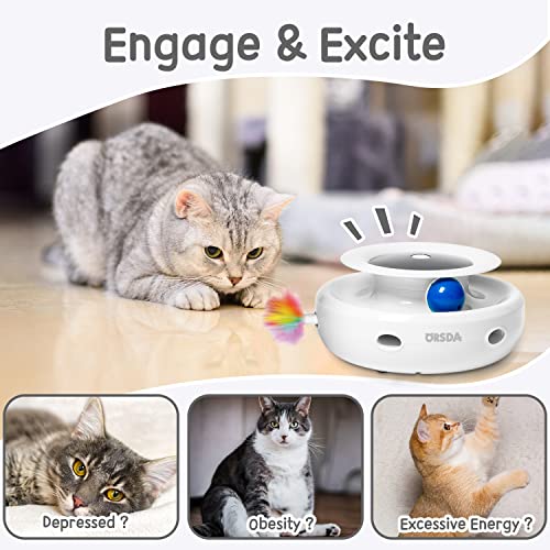 ORSDA Cat Toys 2in1 Interactive Cat Toys for Indoor Cats, Timer Auto On/Off, Cat Toy Balls & Ambush Feather Electronic Cat Toy, Cat Entertainment with 6pcs Feathers, Dual Power Supplies Cat mice Toy