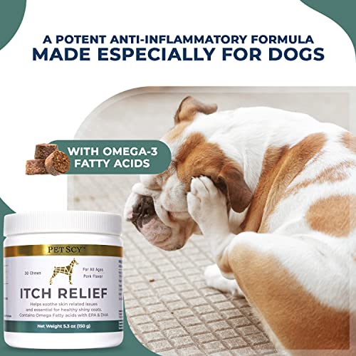 PetScy - Dog Itch Relief with Fatty Acids, EPA, DHA, & Omega for Dogs, Dog Anti-Itch Nutritional Support, Itch Relief Chews for All Ages, Pork Flavor, 30 Chews