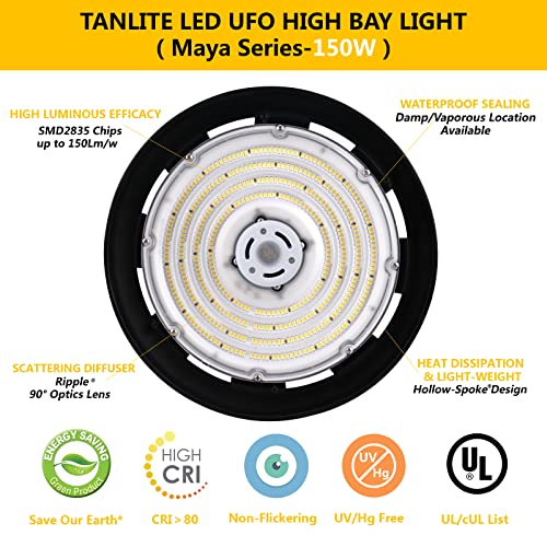 LED UFO High Bay Light 150W Dimmable Hanging Shop Lights Commercial Lighting Lamp Ceiling Fixture for Workshop Warehouse Garage Barn, 22000LM/5000K, 100-277V Hardwired, [DLC]650W HID/HPS Equiv.