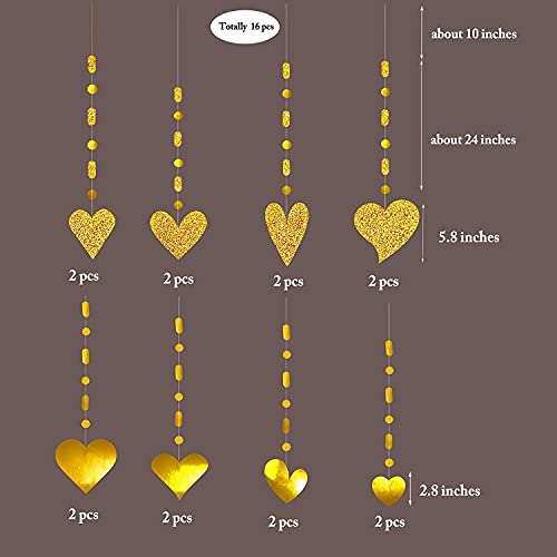 Glitter Red Heart Garland Decorations Hanging Garlands Streamer Banner Backdrop Valentines Mother's Day Decor Wedding Anniversary Engagement Bridal Birthday Party Supplies (Gold)