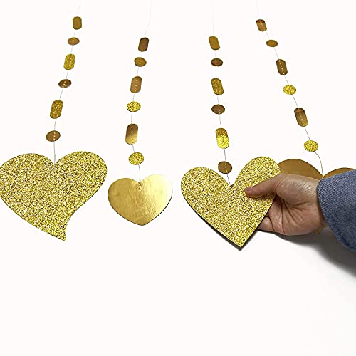 Glitter Red Heart Garland Decorations Hanging Garlands Streamer Banner Backdrop Valentines Mother's Day Decor Wedding Anniversary Engagement Bridal Birthday Party Supplies (Gold)