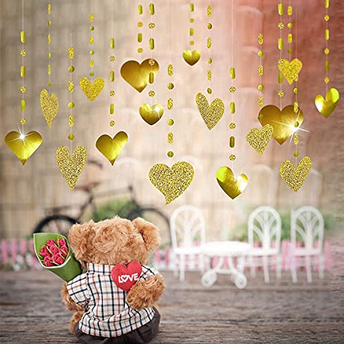 Glitter Red Heart Garland Decorations Hanging Garlands Streamer Banner Backdrop Valentines Mother's Day Decor Wedding Anniversary Engagement Bridal Birthday Party Supplies (Gold)