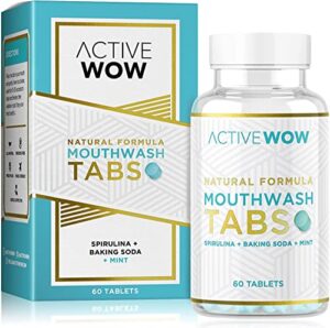 active wow natural mouthwash tablets - chewable mouth wash, breath freshening tablets, fluoride-free, alcohol-free, vegan, sugar-free, mint flavor - 1 pack, 60 tablets