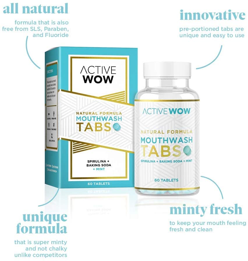Active Wow Natural Mouthwash Tablets - Chewable Mouth Wash, Breath Freshening Tablets, Fluoride-Free, Alcohol-Free, Vegan, Sugar-Free, Mint Flavor - 1 Pack, 60 Tablets
