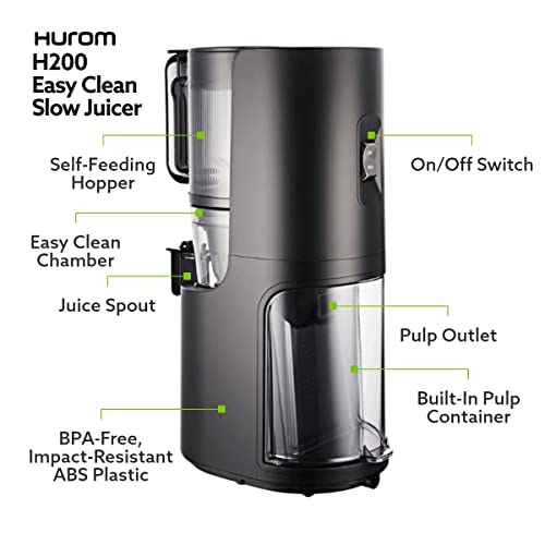 Hurom H-200 Easy Clean Electronic Juicer Machine (Silver) - Self Feeding Slow Juicer w Big Mouth Hopper to Fit Whole Fruits & Vegetables - Healthy Living - Rinse Clean No Scrub BPA Free Easy Assembly