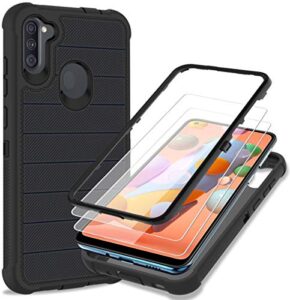 probeetle galaxy a11 phone case with hd screen protector heavy duty [3 layer] hybrid shock proof protective rugged bumper pc and tpu cover case for samsung galaxy a11 phone(black/black)