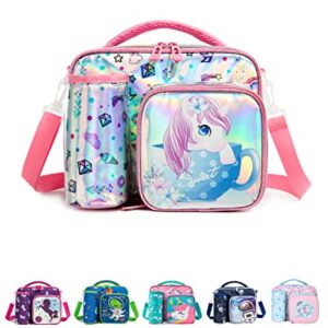 IvyH Kids Lunch Bag with Bottle Holder, Children Lunch Box with 3 Compartments, Unicorn Girls Insulated Lunchbox Bag Tote for School Travel Snacks Carrier, Pink