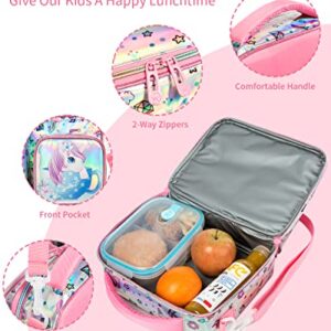 IvyH Kids Lunch Bag with Bottle Holder, Children Lunch Box with 3 Compartments, Unicorn Girls Insulated Lunchbox Bag Tote for School Travel Snacks Carrier, Pink