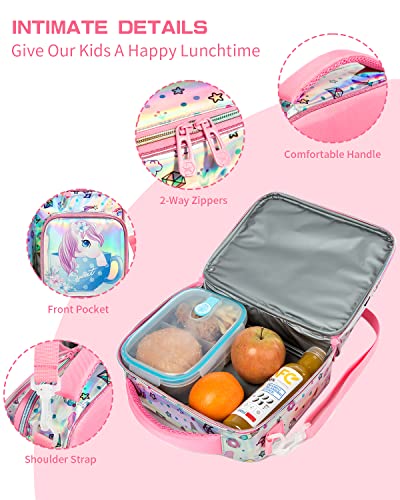 IvyH Kids Lunch Bag with Bottle Holder, Children Lunch Box with 3 Compartments, Unicorn Girls Insulated Lunchbox Bag Tote for School Travel Snacks Carrier, Pink