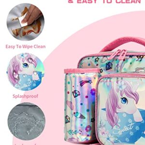 IvyH Kids Lunch Bag with Bottle Holder, Children Lunch Box with 3 Compartments, Unicorn Girls Insulated Lunchbox Bag Tote for School Travel Snacks Carrier, Pink