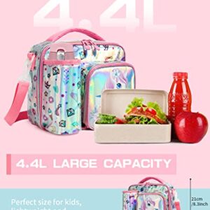 IvyH Kids Lunch Bag with Bottle Holder, Children Lunch Box with 3 Compartments, Unicorn Girls Insulated Lunchbox Bag Tote for School Travel Snacks Carrier, Pink