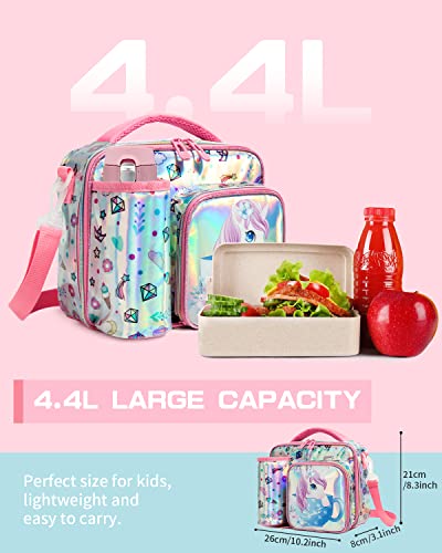 IvyH Kids Lunch Bag with Bottle Holder, Children Lunch Box with 3 Compartments, Unicorn Girls Insulated Lunchbox Bag Tote for School Travel Snacks Carrier, Pink